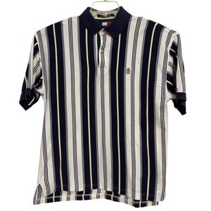 Vintage 90s Tommy Hilfiger Crest Polo Shirt L Large Vertical Stripe Gold Lion